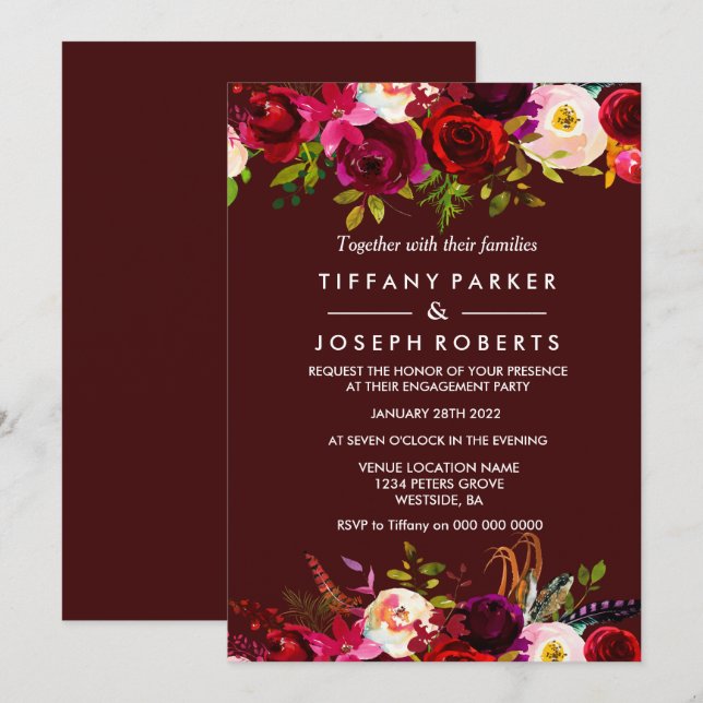 Burgundy Boho Floral Spring Engagement Party Invitation (Front/Back)