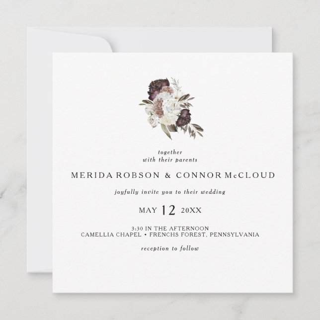 Burgundy Boho Floral Square Wedding Invitation (Front)
