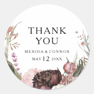Burgundy Boho Floral Thank You Wedding Favour Classic Round Sticker