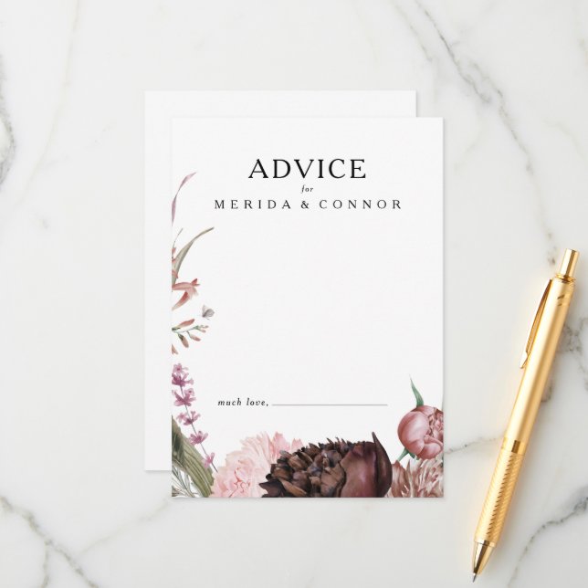 Burgundy Boho Floral Wedding Advice Card (Front/Back In Situ)