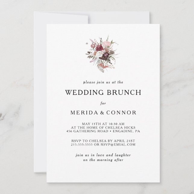Burgundy Boho Floral Wedding Brunch Invitation (Front)
