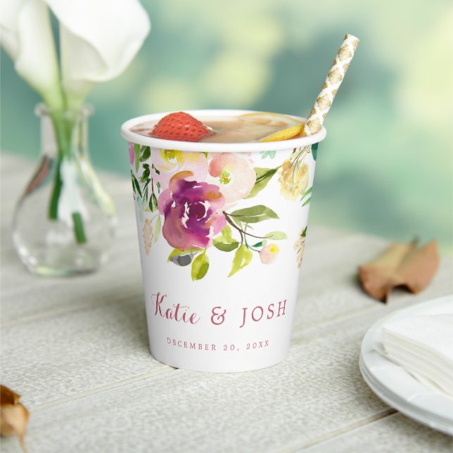 Burgundy Boho Floral Wedding Engagement Paper Cups (Insitu)