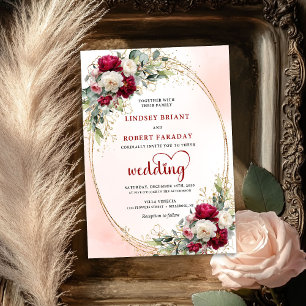 Burgundy Boho Floral Wedding Invitation Gold Frame
