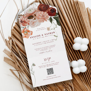 Burgundy Boho Floral Wedding QR Code All In One Invitation