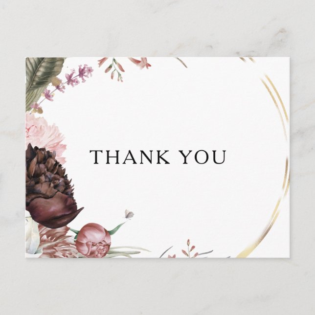 Burgundy Boho Floral Wedding Thank You Postcard (Front)