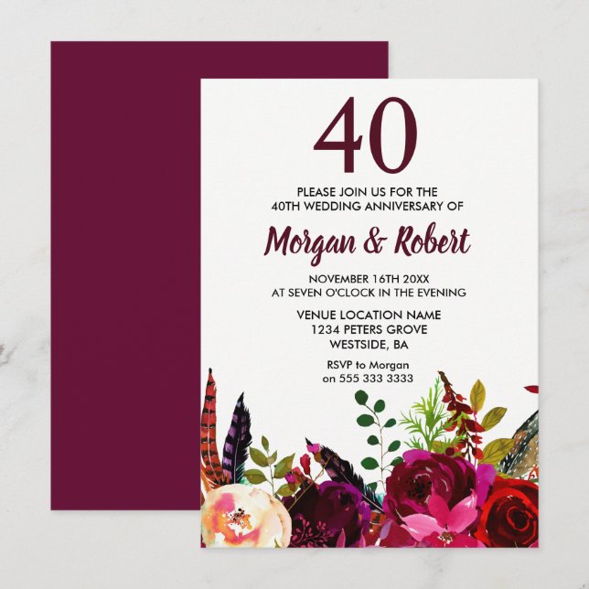 Burgundy Boho Flowers 40th Wedding Anniversary Invitation (Front/Back)