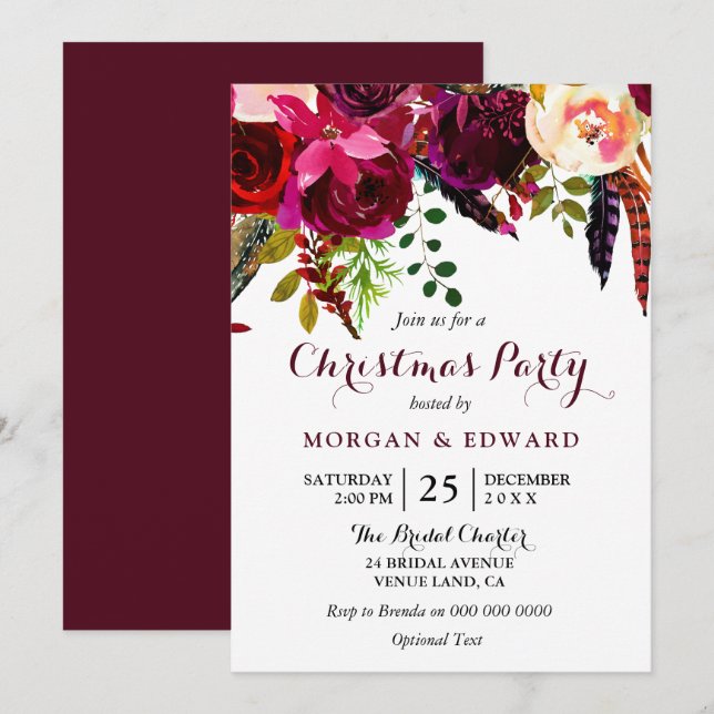 Burgundy Boho Flowers Christmas Party Invitation (Front/Back)