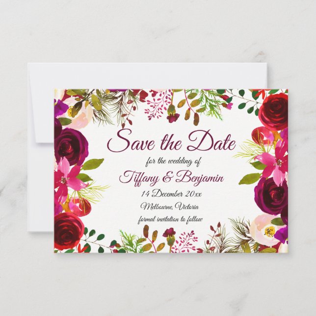 Burgundy Boho Garden Wedding Save The Date Invite (Front)