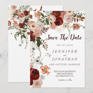 Burgundy Boho Gold Floral Save the Dates Invitation