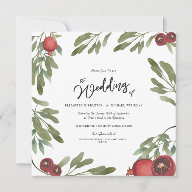 Burgundy Boho Pomegranate  Leaves Modern Botanical Invitation (Front)