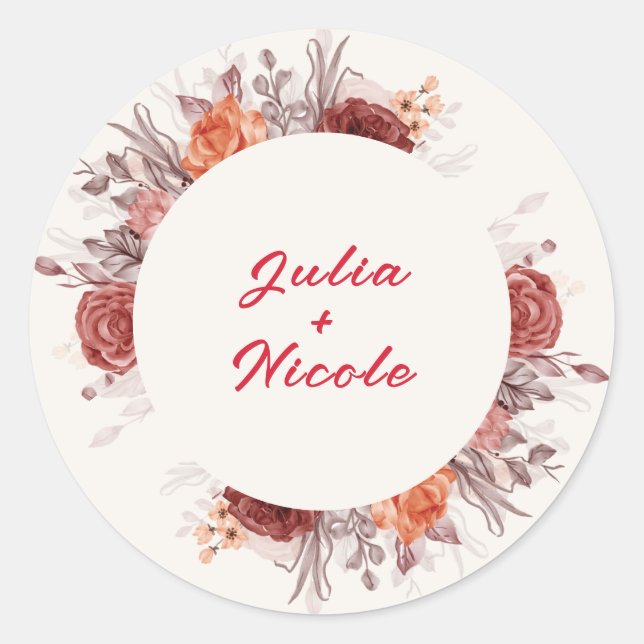 Burgundy Boho Rose Floral Pampas Grass Wedding Classic Round Sticker (Front)