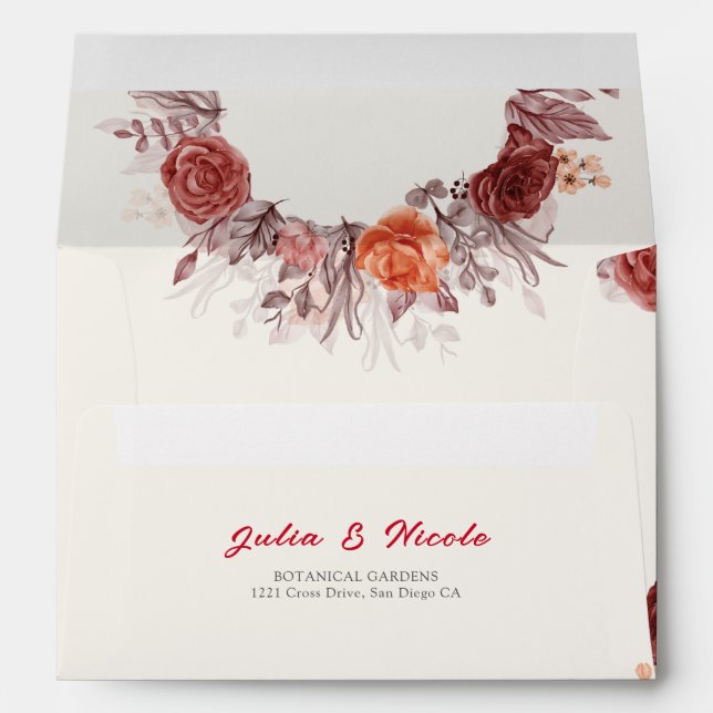 Burgundy Boho Rose Floral Pampas Grass Wedding Envelope (Back (Bottom))