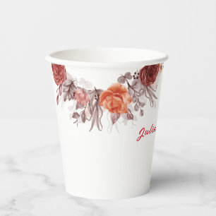 Burgundy Boho Rose Floral Pampas Grass Wedding Paper Cups