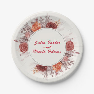 Burgundy Boho Rose Floral Pampas Grass Wedding Paper Plate
