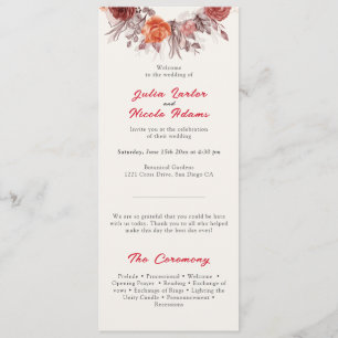 Burgundy Boho Rose Floral Pampas Grass Wedding Programme