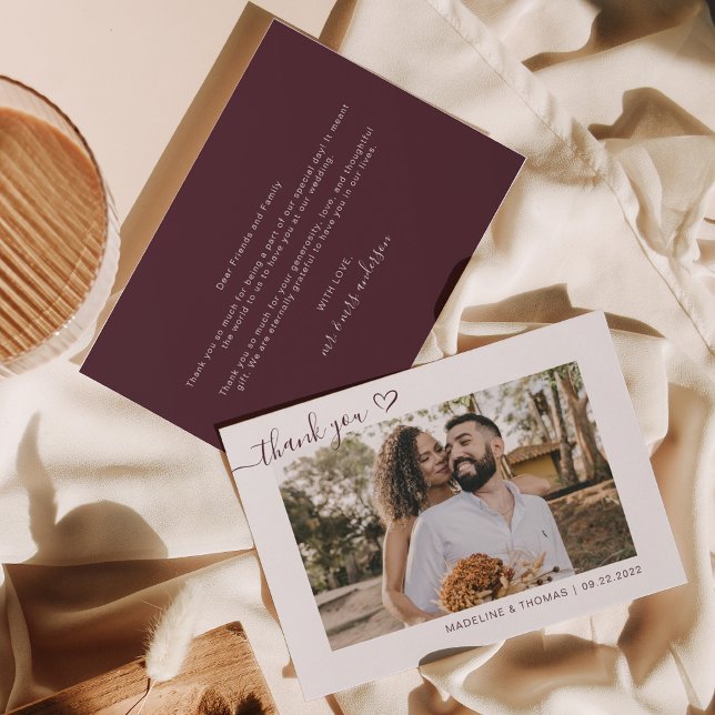Burgundy Boho Simple Photo Heart Script Wedding Thank You Card (Creator Uploaded)