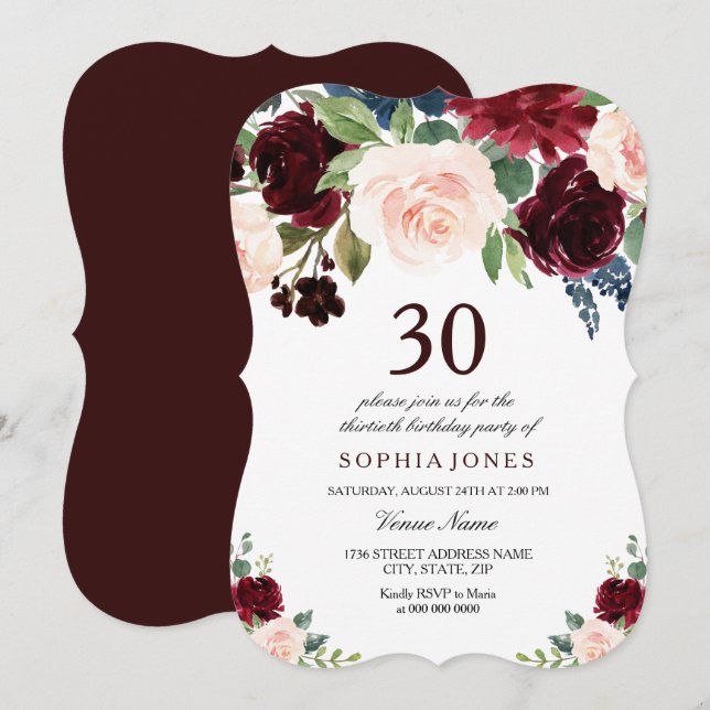 Burgundy Boho Watercolor Blush 30th Birthday Party Invitation (Front/Back)