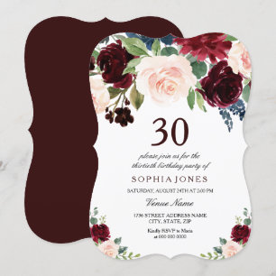 Burgundy Boho Watercolor Blush 30th Birthday Party Invitation