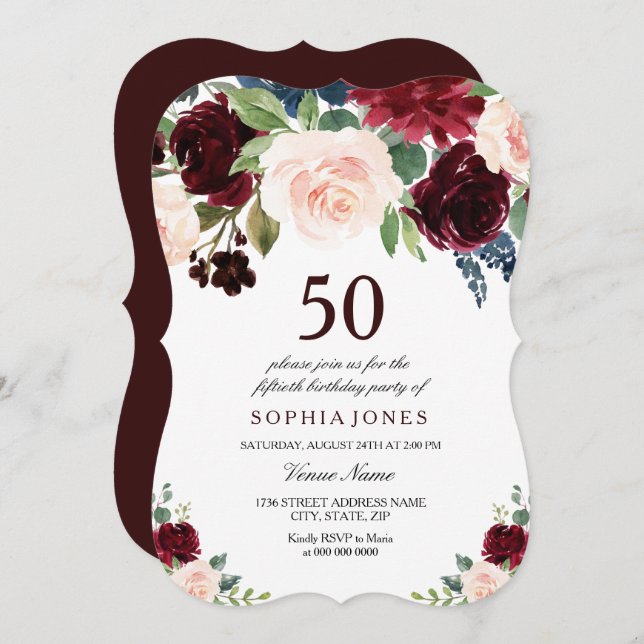 Burgundy Boho Watercolor Blush 50th Birthday Party Invitation (Front/Back)