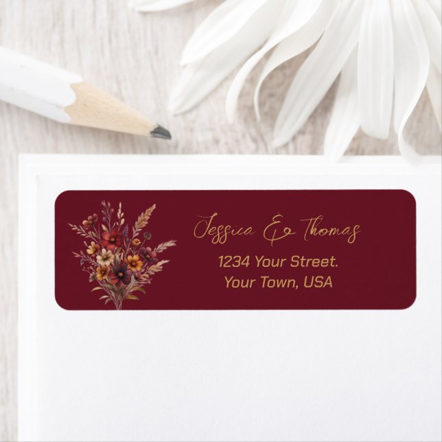 Burgundy Boho Wildflowers Wedding Return Address (Insitu)