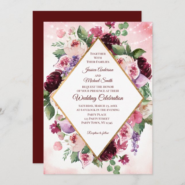 Burgundy Boho Wine Watercolor Floral Wedding Card (Front/Back)