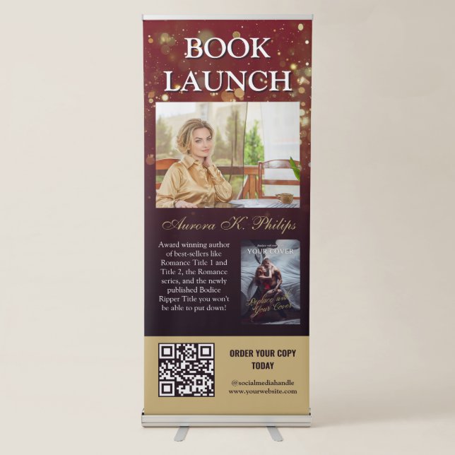 Burgundy Bokeh Romance Book Launch Retractable Banner (Front)