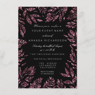 Burgundy Bordeaux Black Glitter Leafs Floral Frame Invitation