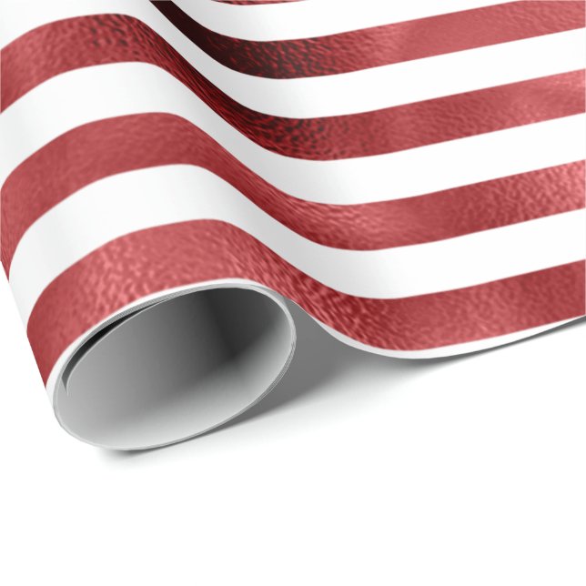 Burgundy Bordeaux Red  Stripes Lines White Metal Wrapping Paper (Roll Corner)