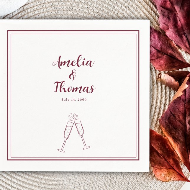 Burgundy Border Champagne Minimalist Wedding  Napkin (Creator Uploaded)