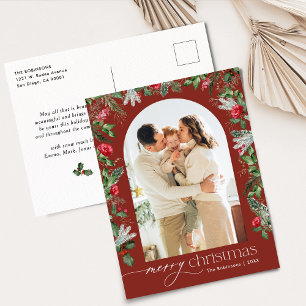 Burgundy Botanical Arch 1 Photo Christmas Holiday Postcard