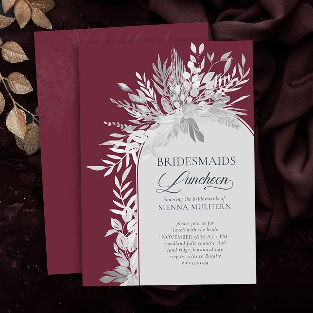 Burgundy Botanical Arch Bridesmaids Luncheon Invitation (Bridesmaids Luncheon invite in Burgundy and Grey from the Foliage Duet Collection by Darling & May)