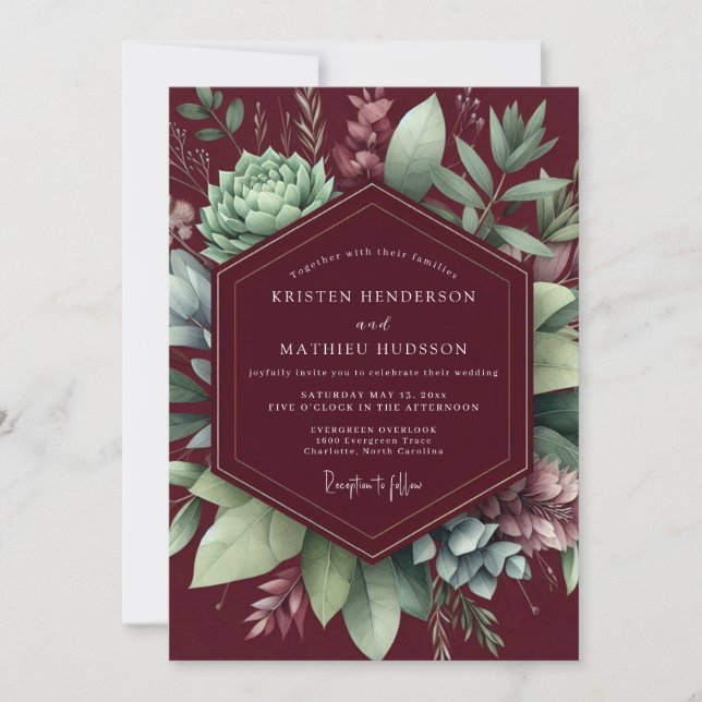 Burgundy Botanical Assemblage Wedding Invitation (Front)