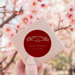 Burgundy botanical crest monogram wedding classic round sticker