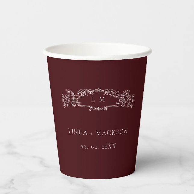 Burgundy botanical crest monogram wedding paper cups (Back)