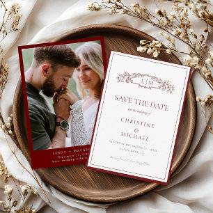 Burgundy botanical crest monogram wedding save the date