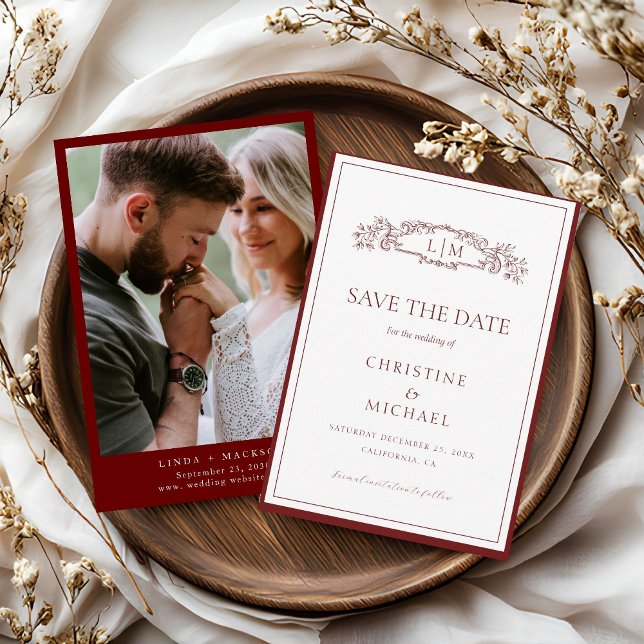 Burgundy botanical crest monogram wedding save the date (Creator Uploaded)