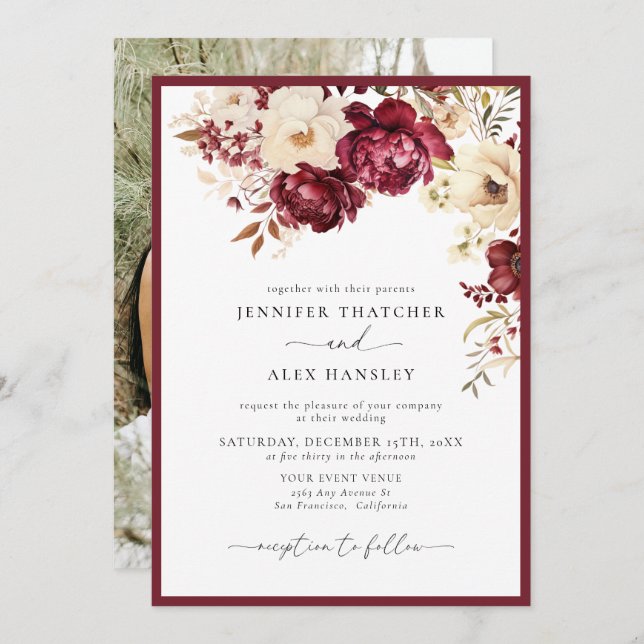 Burgundy Botanical | Elegant Photo Wedding Invite (Front/Back)
