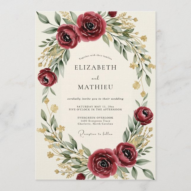 Burgundy Botanical Flourish Wedding Invitation (Front)