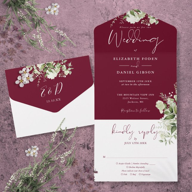 Burgundy  Botanical Greenery Monogram Wedding  All In One Invitation (Burgundy Botanical Greenery Monogram Wedding All In One Invitation)