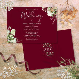 Burgundy Botanical Greenery Monogram Wedding Invitation