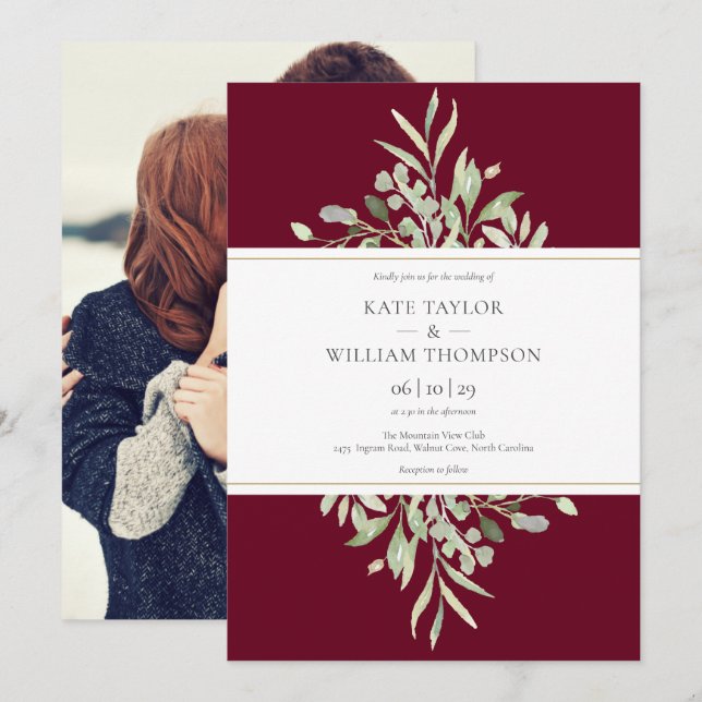 Burgundy Botanical Greenery Photo Wedding Invitation (Front/Back)