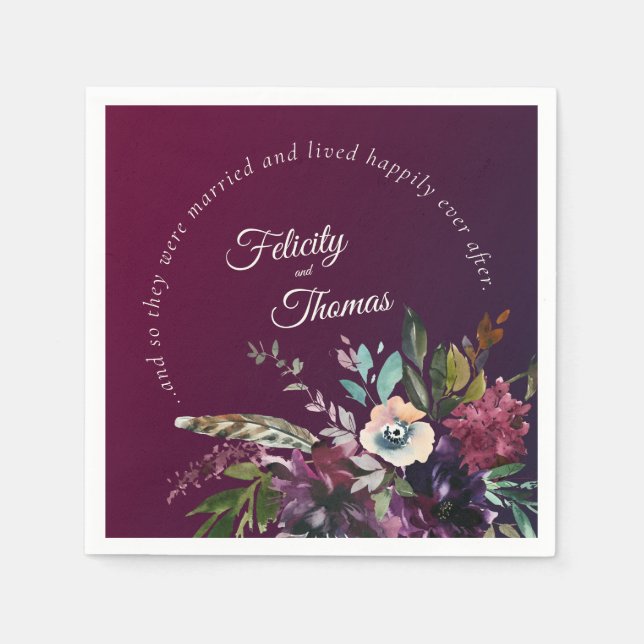 Burgundy Botanical Happily Ever After Wedding Napkin (Front)