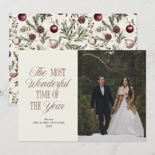 Burgundy Botanical Newlywed Christmas Photo Holiday Card