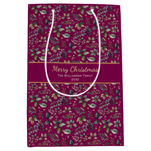 Burgundy Botanical Pattern Personalised Christmas Medium Gift Bag (Front)
