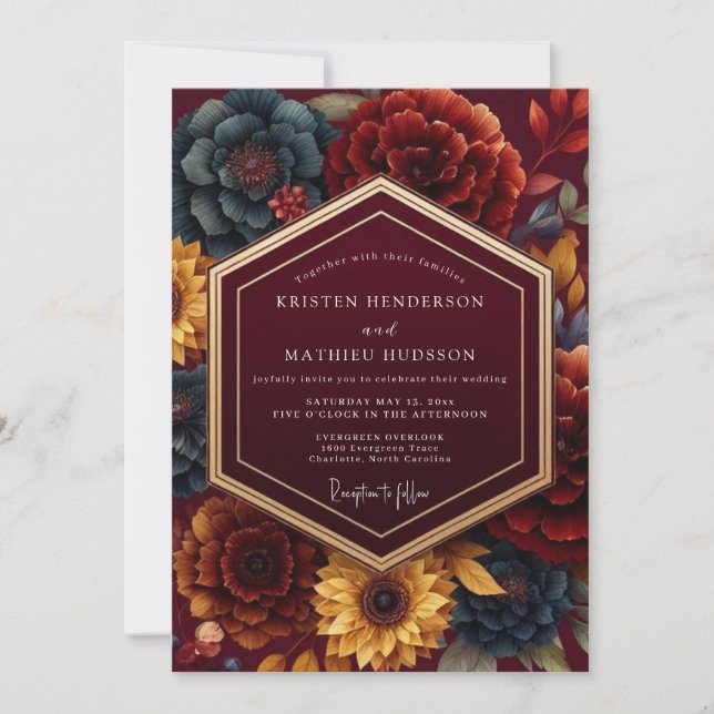 Burgundy Botanical Romance Wedding Invitation (Front)