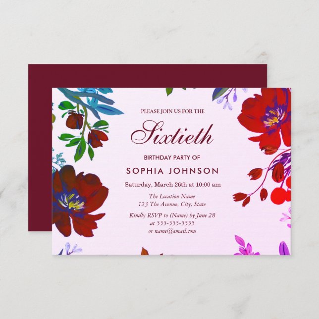 Burgundy Botanical Tropical 60th Birthday Invite (Front/Back)
