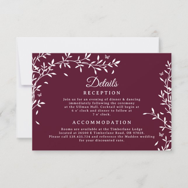 Burgundy Botanical Wedding Details Card  (Front)