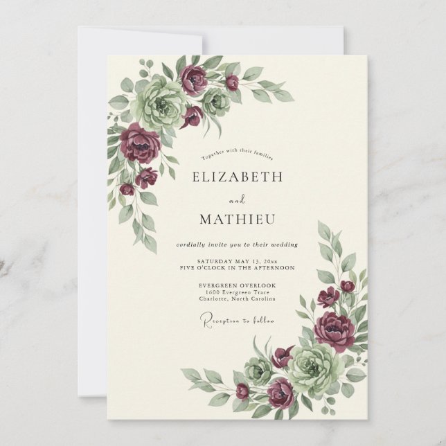 Burgundy Botanical Whimsy Wedding Invitation (Front)