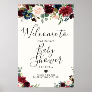 Burgundy Bouquet Baby Shower Welcome Poster