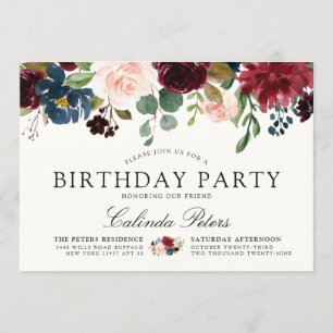Burgundy Bouquet   Floral Birthday Party Invitation